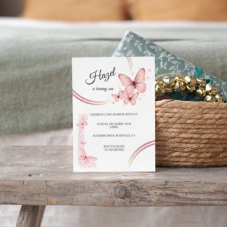 赤面エレガントピンクバタフライフローラ誕生日 招待状