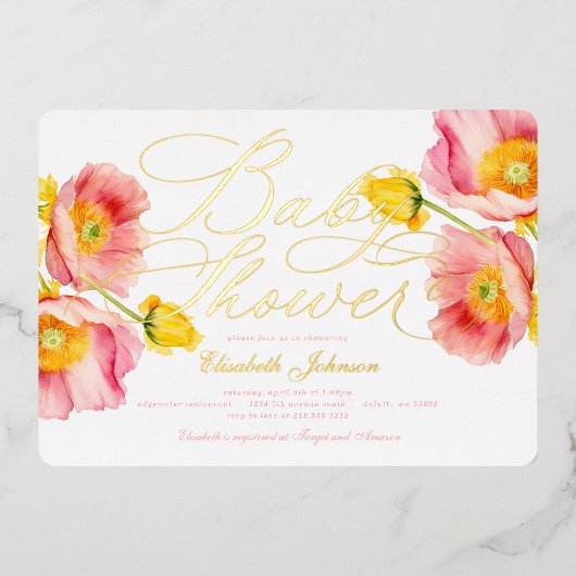 赤面エレガントピンクピーチフローラベビーシャワー 箔招待状 (正面)