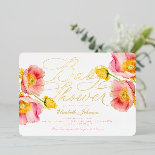 赤面エレガントピンクピーチフローラベビーシャワー 箔招待状 (立ち正面)