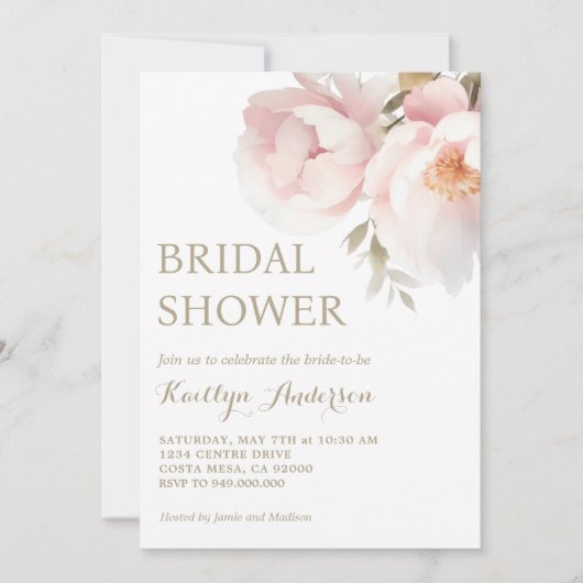赤面エレガントピンクピーニーガーデンブライダルシャワー 招待状 (正面)