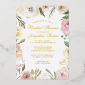 赤面エレガントピンクピーニーフローラブライダルシャワー金ゴールド 箔招待状 (正面)