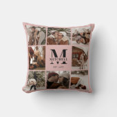 赤面エレガントピンクファミリーフォトコラージュ | モノグラム クッション (正面)