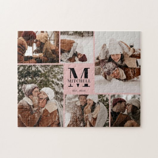 赤面エレガントピンクファミリー6 Photo Collage Keepsake ジグソーパズル (横)