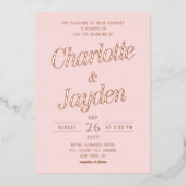 赤面エレガントピンクフォイルScriptフォト結婚ズ 箔招待状 (正面)
