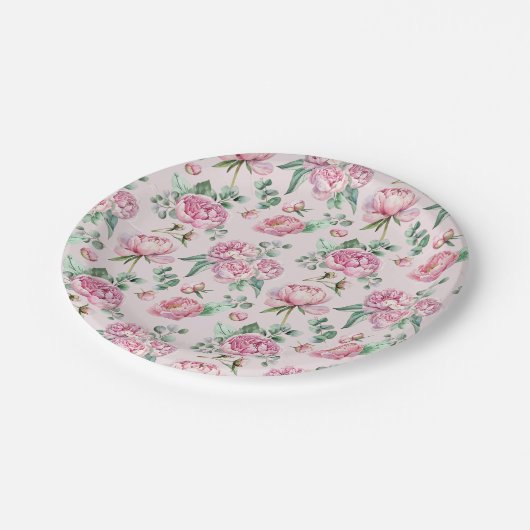 赤面エレガントピンクフローラと緑の赤ちゃんシャワー ペーパープレート (アングル)