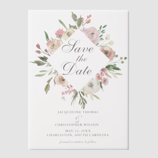 赤面エレガントピンクフローラガーデン日付を保存 ベラム紙招待状 (正面)