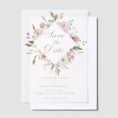 赤面エレガントピンクフローラガーデン日付を保存 ベラム紙招待状 (オフセット)