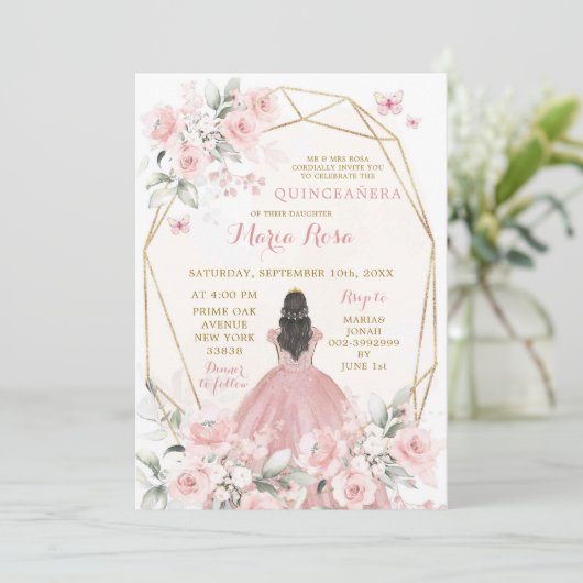 赤面エレガントピンクフローラガールスウィート16th誕生日 招待状 (スタンド正面)