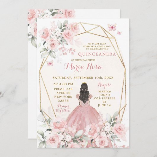 赤面エレガントピンクフローラガールスウィート16th誕生日 招待状 (正面/裏面)