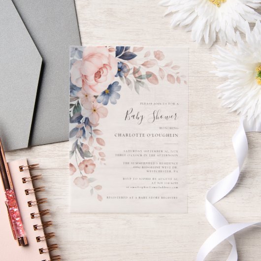 赤面エレガントピンクフローラガールベビーシャワー ベラム紙招待状 (ウェディング)