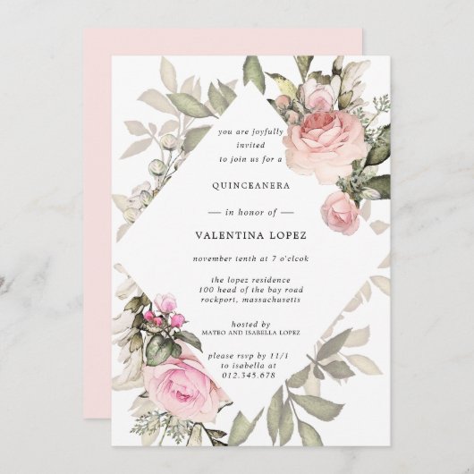 赤面エレガントピンクフローラキンセアニェラ 招待状 (正面/裏面)