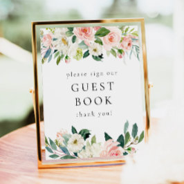 赤面エレガントピンクフローラグリーナリーゲストブックサイン ポスター
