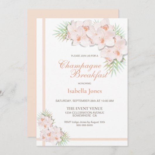 赤面エレガントピンクフローラシャンパンブレックファスト 招待状 (正面/裏面)