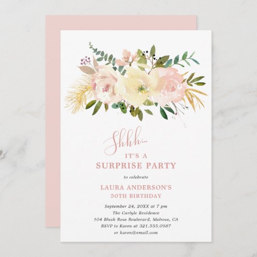 赤面エレガントピンクフローラスープリーズ誕生日パーティー 招待状 (正面/裏面)