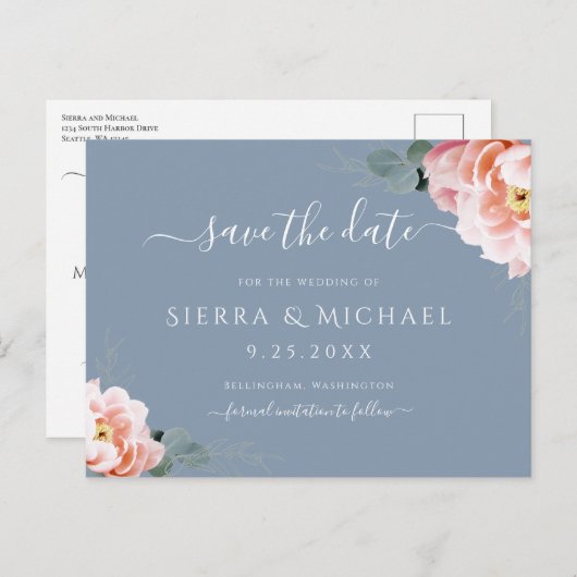 赤面エレガントピンクフローラダスティブルー日付を保存 案内ポストカード (正面/裏面)