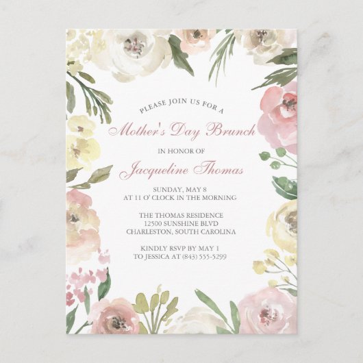 赤面エレガントピンクフローラマザーズデイブランチ インビテーションポストカード (正面)