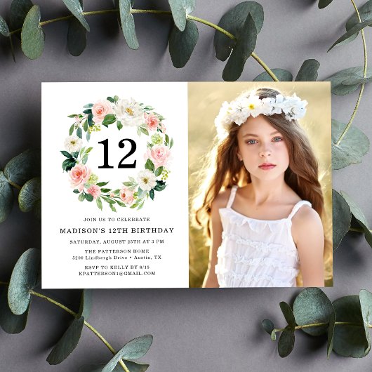 赤面エレガントピンクフローラ写真誕生日パーティー 招待状