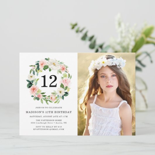 赤面エレガントピンクフローラ写真誕生日パーティー 招待状 (スタンド正面)