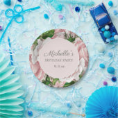 赤面エレガントピンクフローラ緑の誕生日パーティー ペーパープレート (パーティー)