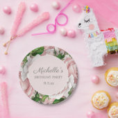 赤面エレガントピンクフローラ緑の誕生日パーティー ペーパープレート (パーティー)