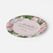 赤面エレガントピンクフローラ緑の誕生日パーティー ペーパープレート (アングル)