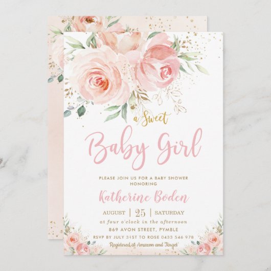 赤面エレガントピンクフローラ金ゴールドガールベビーシャワー 招待状 (正面/裏面)