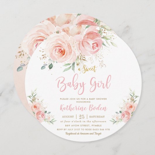 赤面エレガントピンクフローラ金ゴールドガールベビーシャワー 招待状 (正面/裏面)