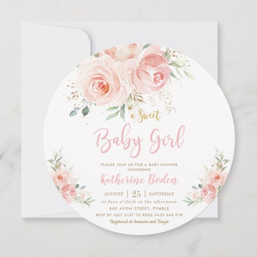 赤面エレガントピンクフローラ金ゴールドガールベビーシャワー 招待状 (正面)