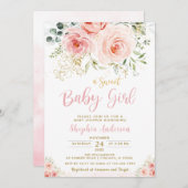 赤面エレガントピンクフローラ金ゴールドガールベビーシャワー 招待状 (正面/裏面)