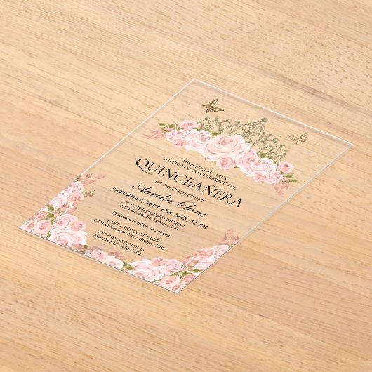 赤面エレガントピンクフローラ金ゴールドティアラキンセアニェラ アクリル招待状 (レイダウン)
