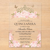 赤面エレガントピンクフローラ金ゴールドティアラキンセアニェラ アクリル招待状 (正面)