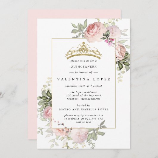 赤面エレガントピンクフローラ金ゴールドティアラキンセアニェラ 招待状 (正面/裏面)