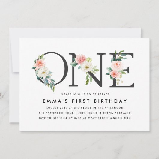 赤面エレガントピンクフローラ1st誕生日パーティー 招待状 (正面)