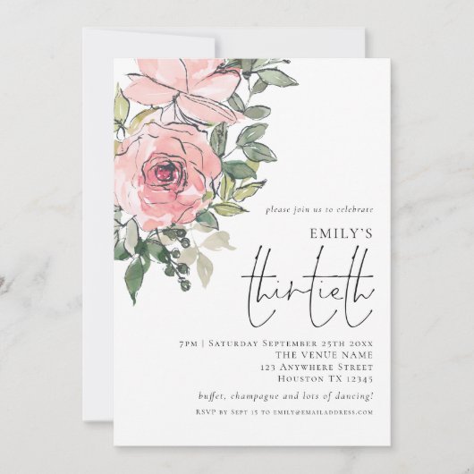 赤面エレガントピンクフローラ30歳の誕生日パーティー 招待状 (正面)