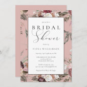 赤面エレガントピンクブルゴーニュフローラブライダルシャワー 招待状 (正面/裏面)