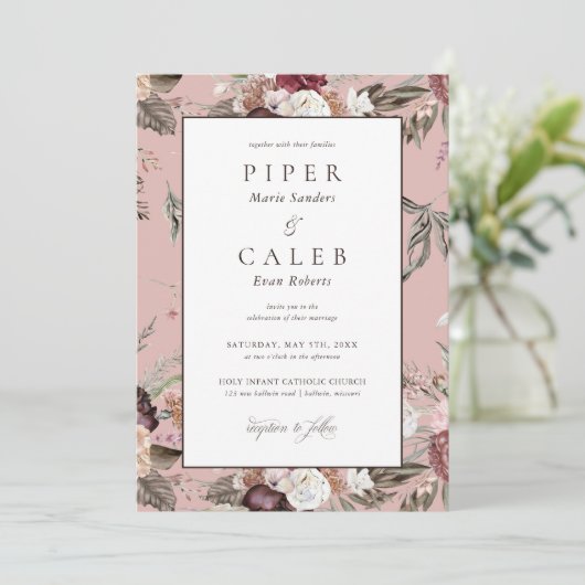 赤面エレガントピンクブルゴーニュフローラ結婚ズのインビタ 招待状 (スタンド正面)