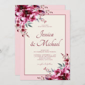 赤面エレガントピンクブルゴーニュフローラ結婚ズ 招待状 (正面/裏面)