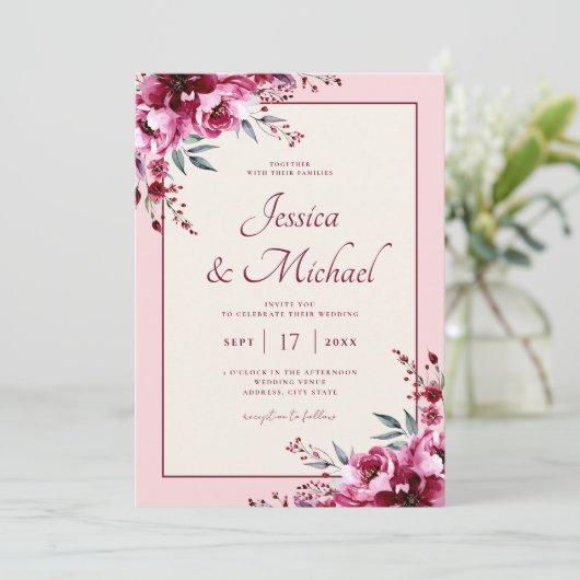 赤面エレガントピンクブルゴーニュフローラ結婚ズ 招待状 (スタンド正面)