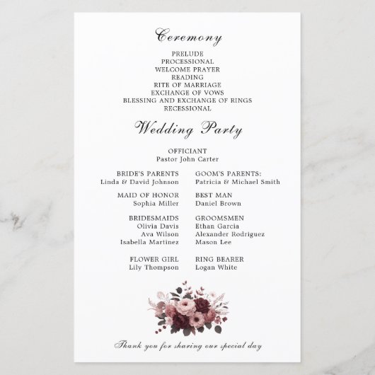 赤面エレガントピンクブルゴーニュフローラ結婚式 プログラム (裏面)