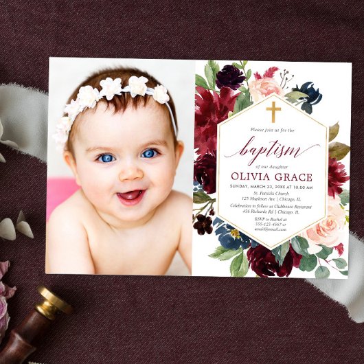 赤面エレガントピンクブルゴーニュ海軍バプテスマ写真 招待状