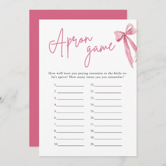 赤面エレガントピンクボウブライダルシャワーエプロンゲーム 招待状 (正面/裏面)