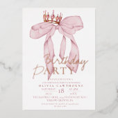 赤面エレガントピンクボウ金ゴールド誕生日パーティー 箔招待状 (正面)