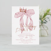 赤面エレガントピンクボウ金ゴールド誕生日パーティー 箔招待状 (立ち正面)