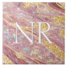 赤面エレガントピンクマーブル&グリッターキュートモノグラム タイル