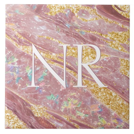 赤面エレガントピンクマーブル&グリッターキュートモノグラム タイル (正面)