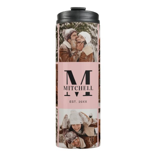 赤面エレガントピンクモノグラムファミリーフォトコラージュ タンブラー (正面)