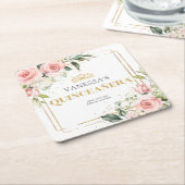 赤面エレガントピンクローズグリーン金ゴールドキンセアニラ スクエアペーパーコースター (アングル)