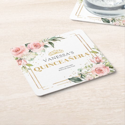 赤面エレガントピンクローズグリーン金ゴールドキンセアニラ スクエアペーパーコースター (アングル)