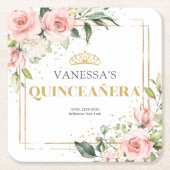 赤面エレガントピンクローズグリーン金ゴールドキンセアニラ スクエアペーパーコースター (正面)