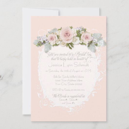 赤面エレガントピンクローズスワールブライダルシャワーティー 招待状 (正面)